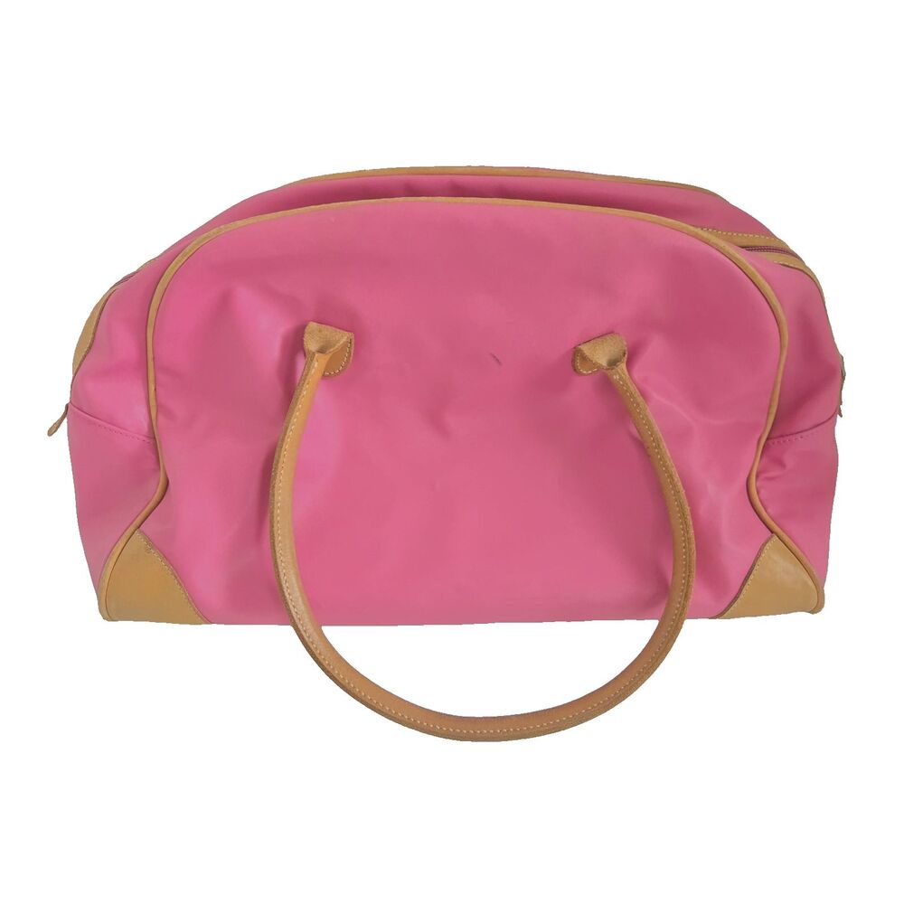 Jon Hart Pink Duffle Bag Medium Leather Trim Canvas Overnight Bag Non-Monogramed - Picture 2 of 13